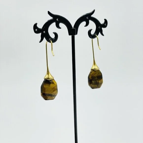 Simulated Tigers Eye Earrings Gold Tone Faceted Boho Festival Party Hippie - Picture 7 of 8